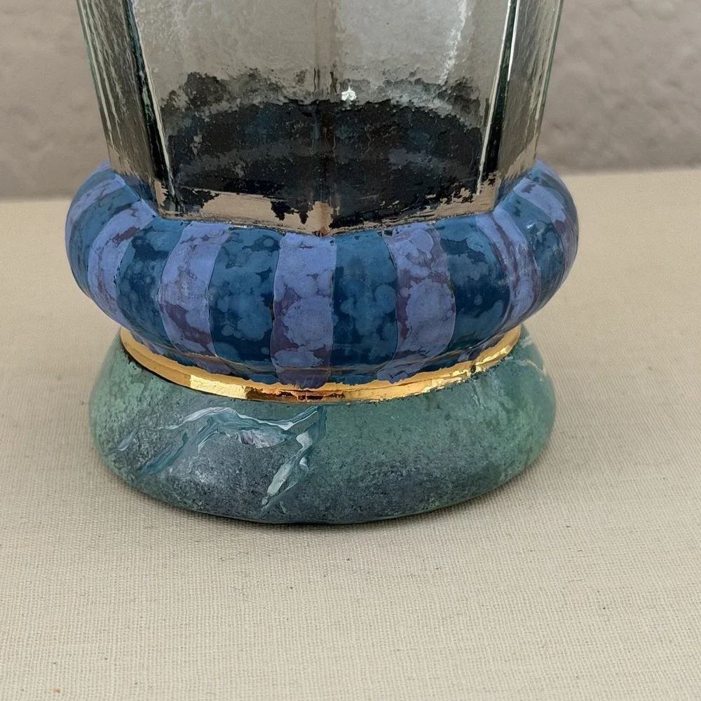 Vtg 80s 90s Mackenzie Childs Glass Cups Circus Purple Stripe Marble Octagon